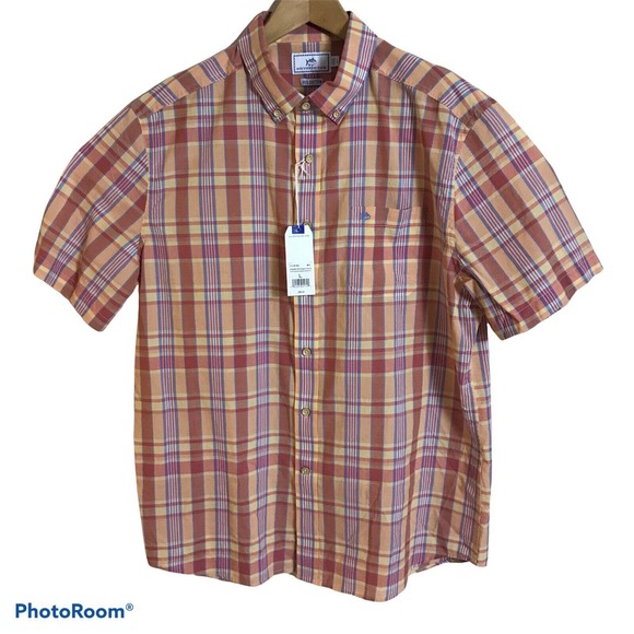 Southern Tide Mens Large Leeward Madras Plaid Sportshirt Papaya Punch Orange $99